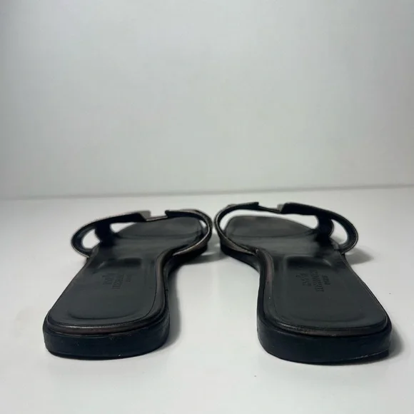 Hermes Oran Dore Vieilli Silver Gray Metallic Leather H Slide Sandals Slippers